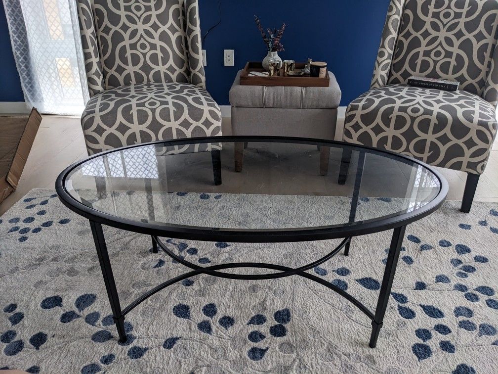Black Metal & Glass Oval Modern Coffee Table