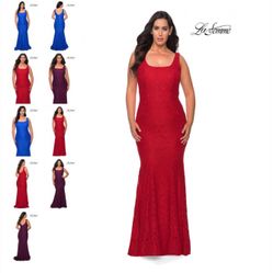 La Femme  Square Neck Lace Trumpet Long Prom Gown plus Size 