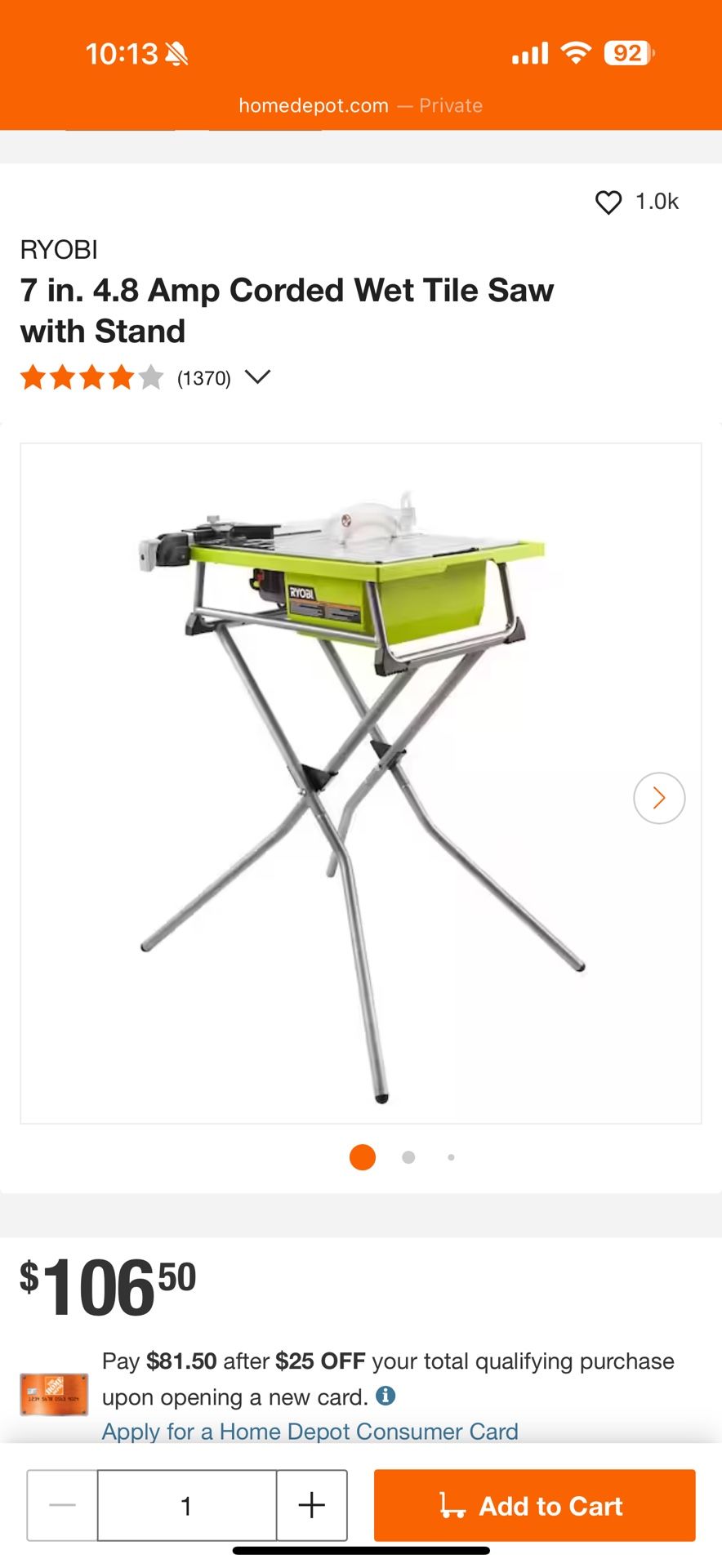 Ryobi Wet Tile Saw With Stand