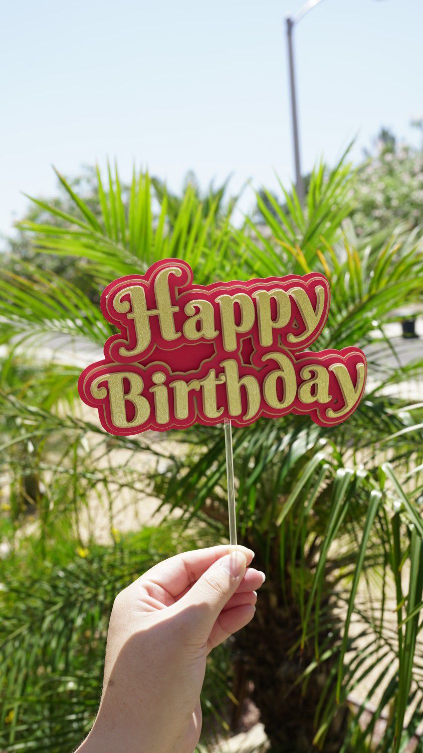 3D Cake topper/ Happy Birthday. Cardstock in red, nude & gold 