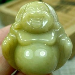 Burmese icy type A jadeite jade pendant lucky happy Buddha. Certified.