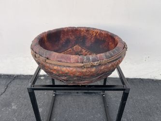 Unique Antique West Australian Leather Basket w/Rattan Woven Outside