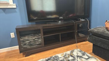 Dark Brown Wood TV Stand with Glass Doors
