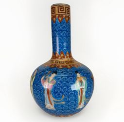 Large Chinese Antique Blue Famille Rose Porcelain Vase Hand Painted W Musicians