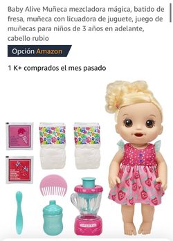 Baby Alive Muñeca mezcladora mágica, batido de fresa, muñeca con licuadora de juguete, juego de muñecas para niños de 3 años en adelante,