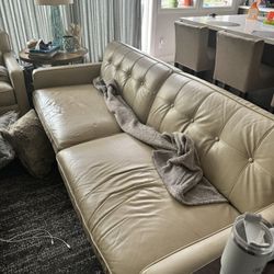 Living Spaces white Cream Leather Sofa And Love Seat 