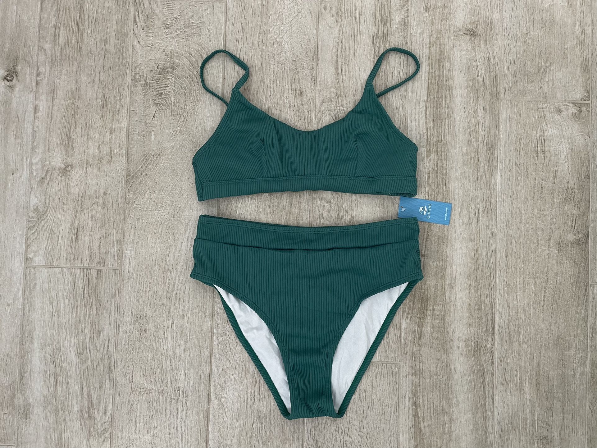 CUPSHE Women's Bikini Set Two Piece Swimsuit High Waisted Scoop Neck Swimwear, Green, M