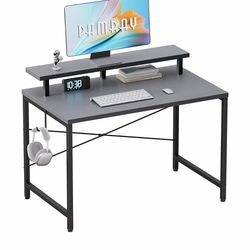 Pamray 32 Inch Small Computer Desk with Monitor Stand, Simple Office Desk with Headphone Hook for Small Spaces, Kids Study Writing Table for Bedroom, 