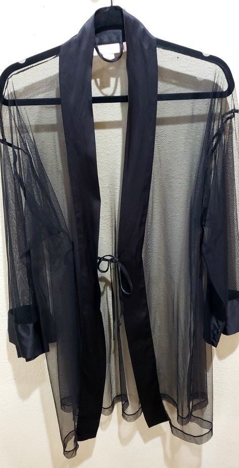 Victoria Secret Sheer Black Silk Knee Length Robe size ONE SIZE FITS ALL 