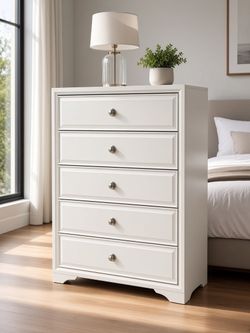 Delivery Available! Modern White Wooden 5 Drawer Bedroom Storage Dresser Chest! Good condition.  37x18x53in