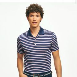 NWT Brooks Brothers Performance Series Blue/White Stripe Jersey Polo Shirt, Med