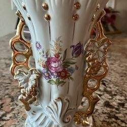 Vintage Porcelain Fan Flare Dresden-style Vase with Gold Gilding and Floral And Grape Motif