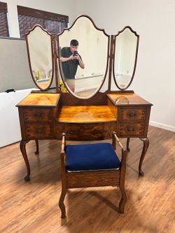 Vintage Burl Walnut Vanity w/ Mirror & Stool