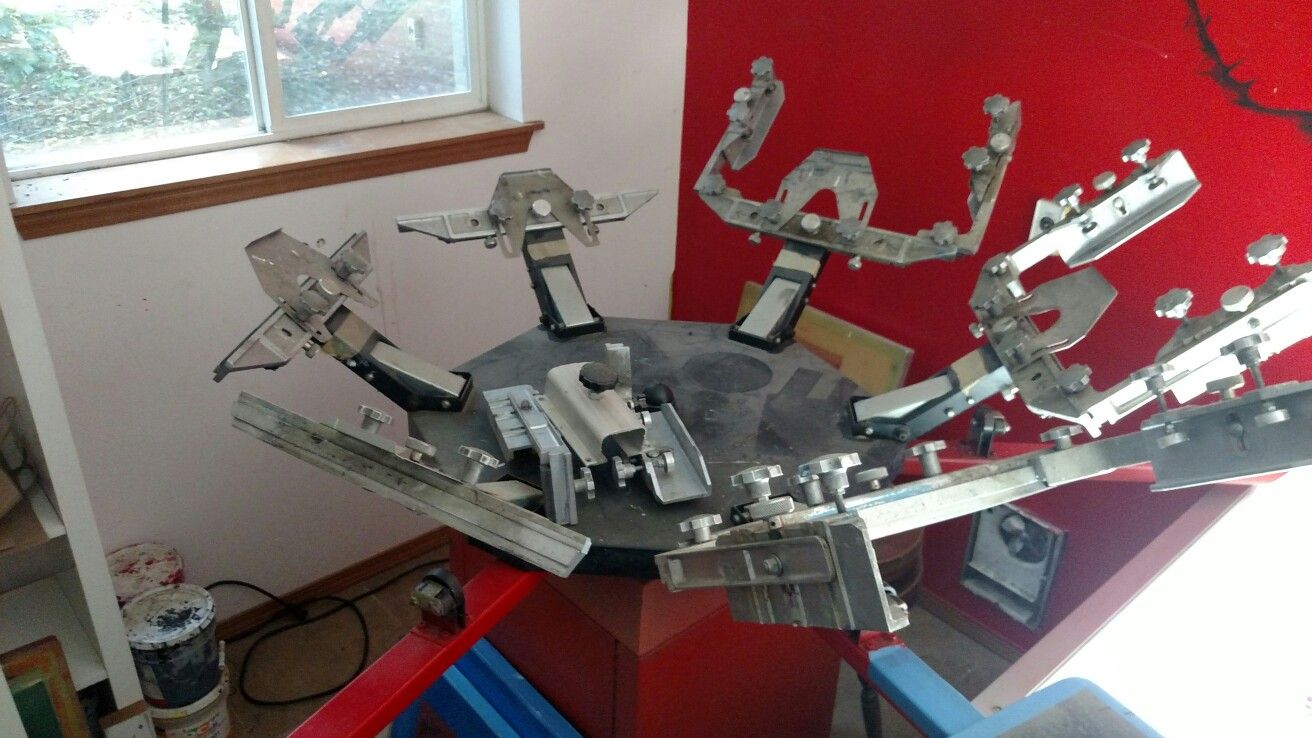 Screen Printing equipment, Chaparral 6 arm printer & conveyor belt dryer