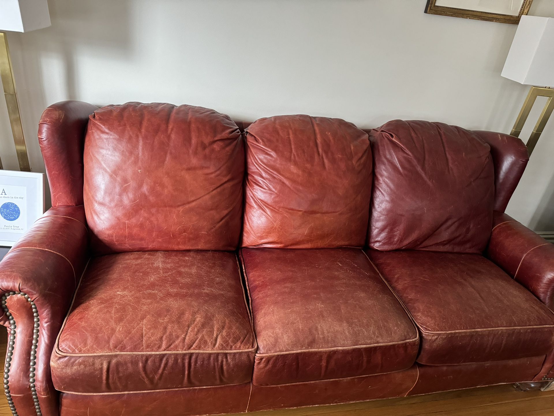 Red Leather Distressed Couch