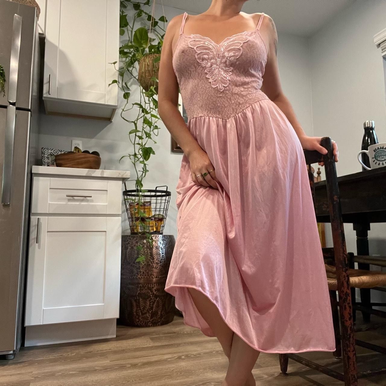 Vintage Pink Sleepwear Nightie Slip Dress Lace