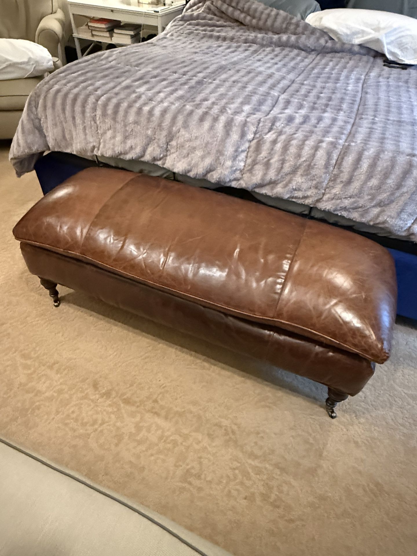 Restoration Hardware Leather Bench Vintage Cigar Brown Turned Wood Legs