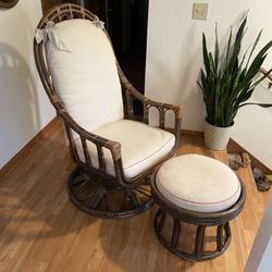 Vintage Rattan Swivel Rocking Chair W/ Ottoman 