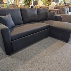 Brand New 85" x 57" Black Linen Convertible Sectional With Pullout Sofa Bed And Storage Chaise