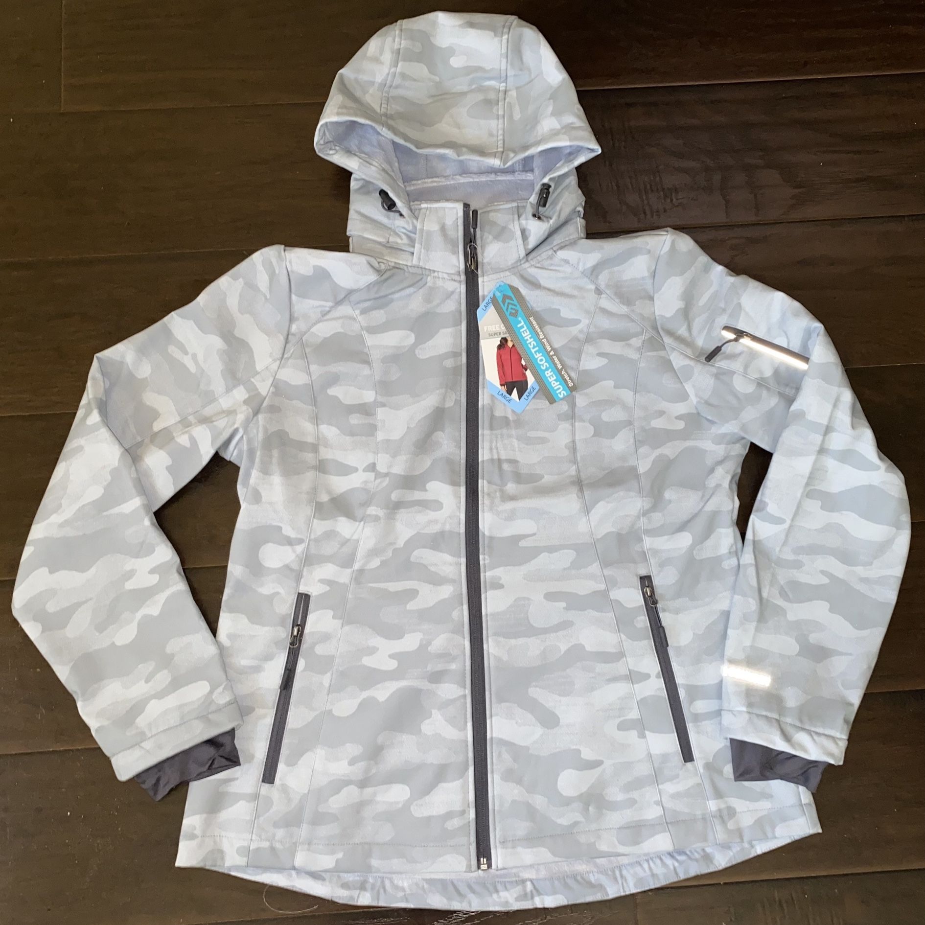 Women's Blue Camouflage Jacket/Coat With Removable Hoodie and full zipper Super Soft Light Blue Color Size Small /S (4-6)