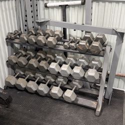 Body-Solid Hex Dumbbell Set 5–75 lb with 3-Tier Rack – 1100 lb Total 
