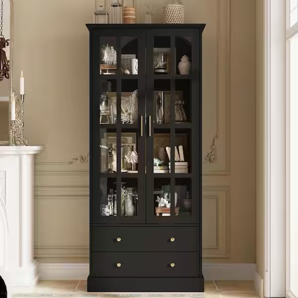 Black 70.1 in. H Office Storage Cabinet Cupboard with Tempered Glass Doors, 2-Drawers and Anti-Dumping Device