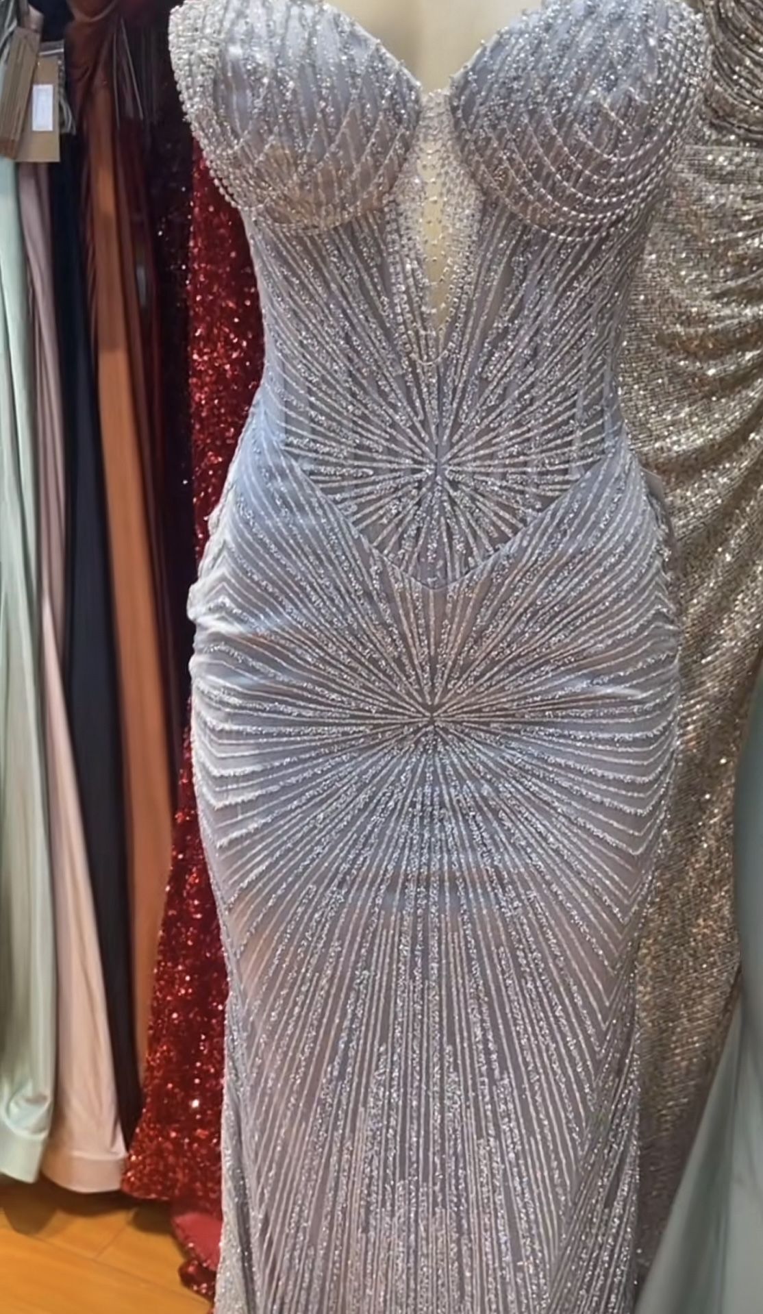 Silver Beaded Strapless Corset Mermaid Dress