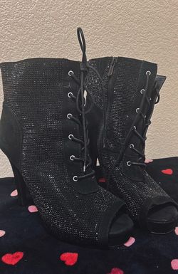 Black Rhinestone Lace-Up Stiletto Booties. -$40