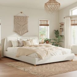 Minimalist Modern Ivory White Linen Blend King Sized Platform Bed [MATTRESS NOT INCL.] w/ Wood Legs [NEW] <Retails for $600+>  **Assembly Required  