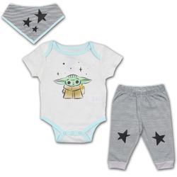 STAR WARS Grogu Boys’ Bodysuit, Jogger and Bib Set for Newborn – White/Grey