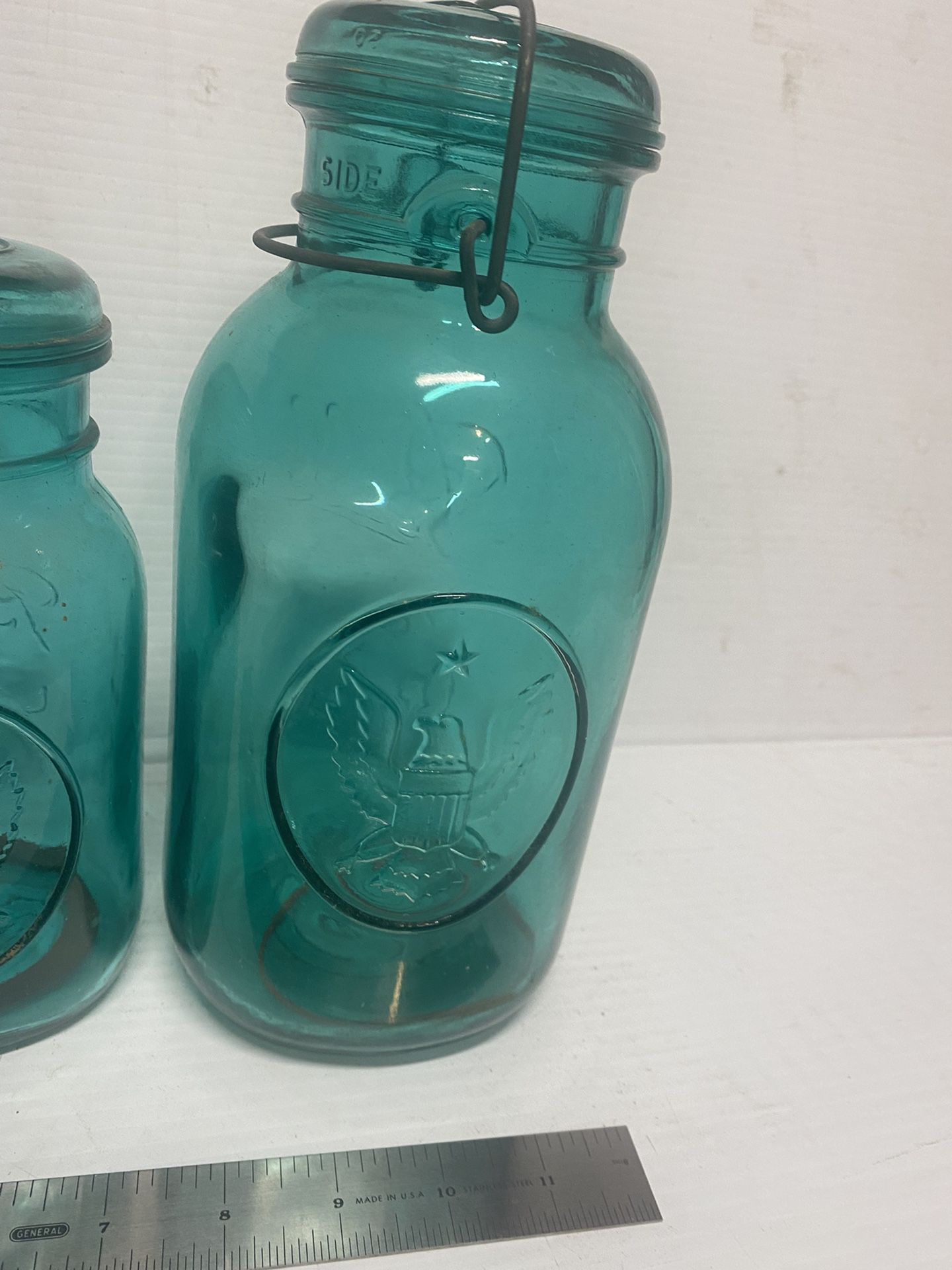 Set of three ball ideal eagle blue mason jars Antique