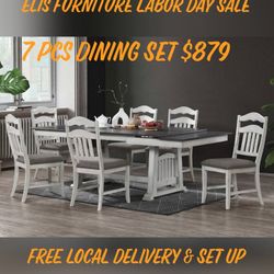 7 Pcs Dining Set $879 Table XL W/ LEAFT, 6 Chairs $879