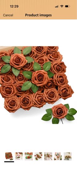 Mocoosy 50Pcs Burnt Orange Roses Artificial Flowers, Rust Fake Rose for Decoration, Real Touch Terracotta Foam Roses Bulk with Stems Wedding Bouquet B
