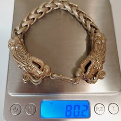 SILVER RARE Old Handmade. TIBETAN
 (23cm.-9inch/80 grams) Hand Carved Skull Dragon lucky Bracelet.. 