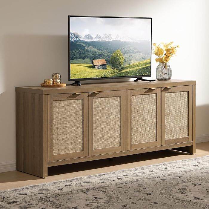 61.5”TV Stand for Living Room Boho Entertainment Center for Bedroom with 4 Rattan Cabinets Farmhouse Television Stands with Storage Large Media Consol