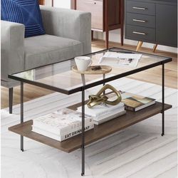 Nathan James Asher Mid-Century Rectangle Coffee Table Glass Top and Wood Finish Storage Shelf with M