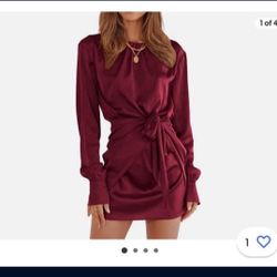 Womens Medium Wine Red Long Sleeve Satin Cocktail Dress
