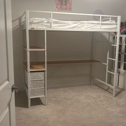 Loft Desk Twin Size Bed White Metal & Wood 