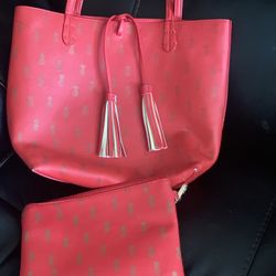 Red Tote With Make Up Bag