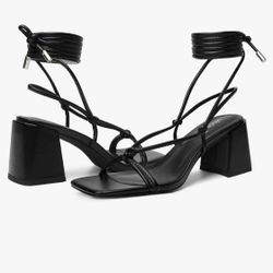 Black Lace-Up Block Heel Sandals – Size 9
