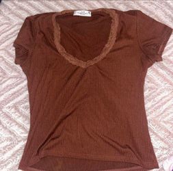 Brown Ribbed Lace Trim Short Sleeve Top