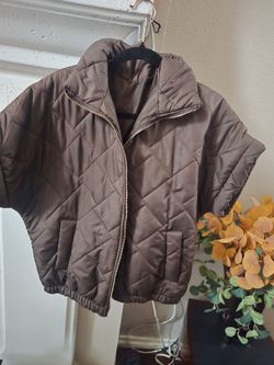 Quilted Puffer Jacket Gold Zipper Taupe