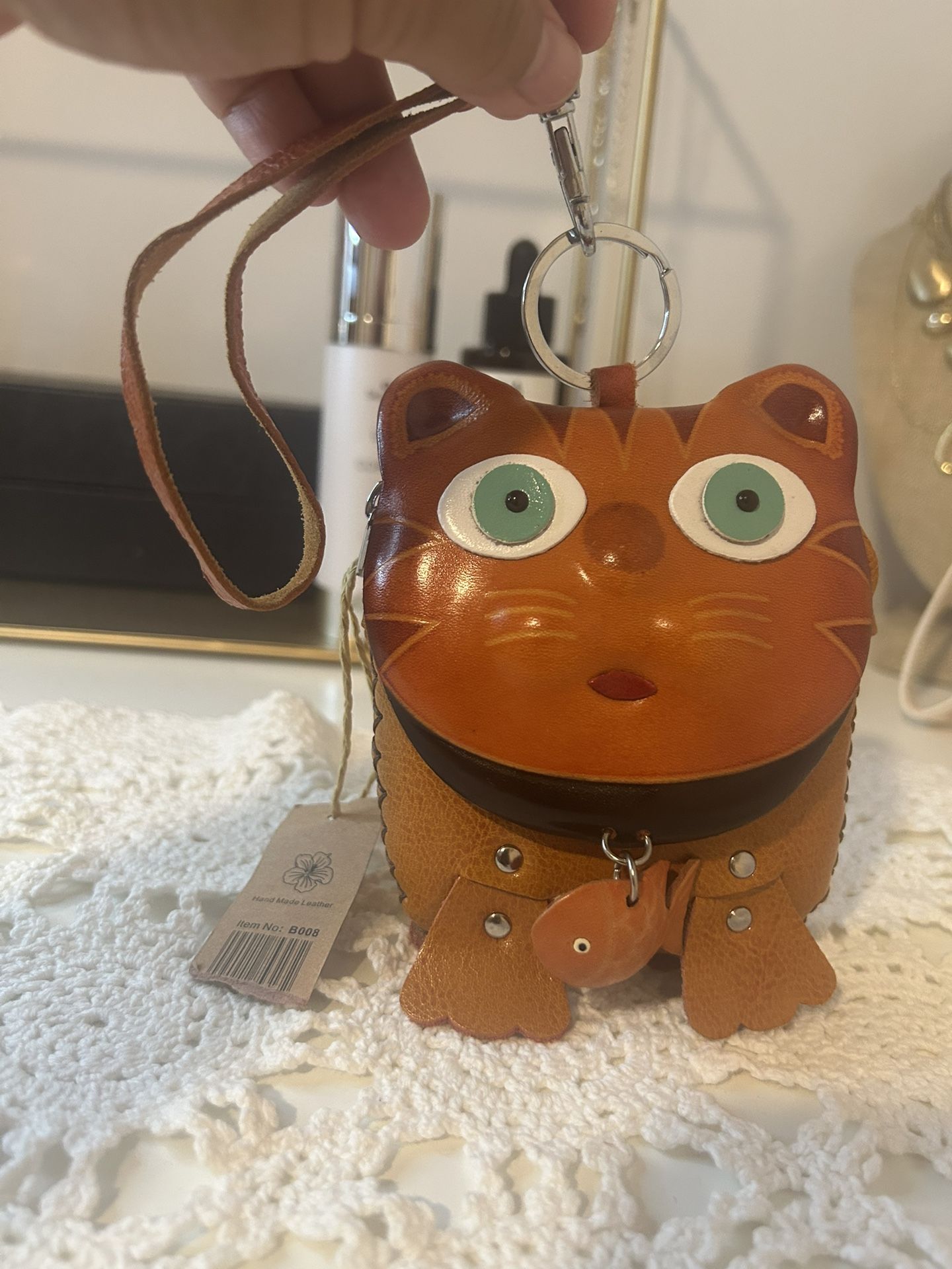Genuine Leather Cat And Fish Wristlet