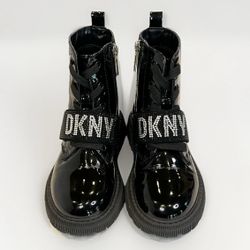 DKNY Girls Black Patent Leather Combat Boots Size 13 Rhinestone Logo Zip Lace