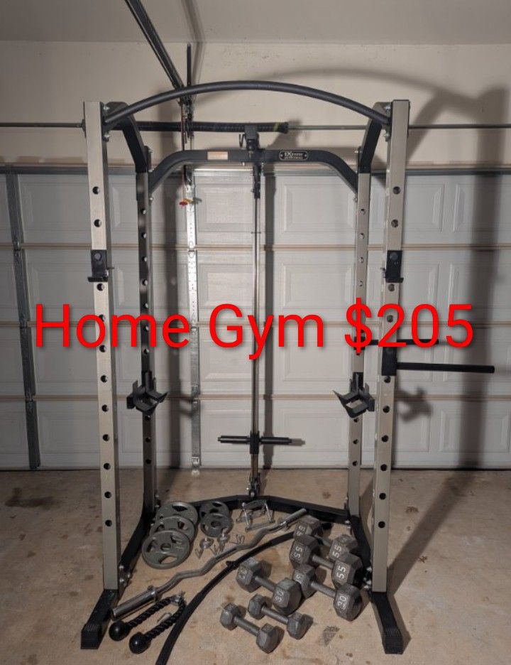 Home Gym with Pulley System, Olympic Curl Bar, Plate Weights, and Dumbbells