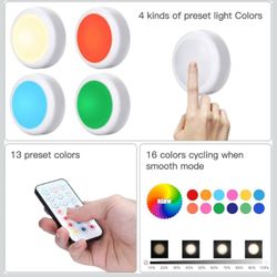 LED Puck Lights with Remote, 6 Pack Color Changing RGBW Stick-On Light, Battery Powered, Dimmable Under Cabinet Lighting with Timer & Memory