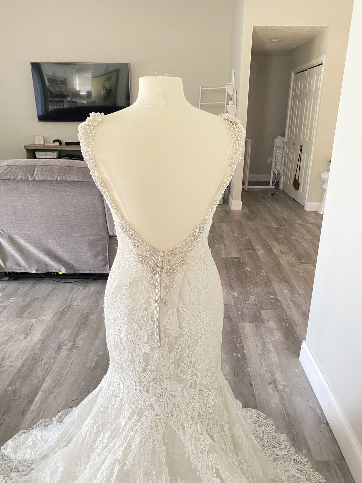 back beaded wedding dress Beaded Lace and Satin A-line Wedding Dress with Corset Back – loveangeldress main image 1