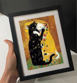 Gustav Klimt Inspired Cat Art Print – Black Framed Print (5x7)