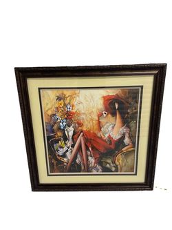 Framed Modernist Cubism Art Print Woman Red Dress Cafe Parisian Style Wall Decor
