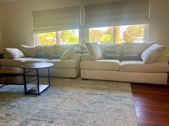 2 Large Cream Fabric Sectional Sofa